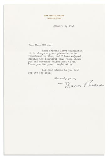 ROOSEVELT, FRANKLIN D.; AND ELEANOR. Two Typed Letters Signed, each by one, as President or First Lady, to Governor Charles Edison or h